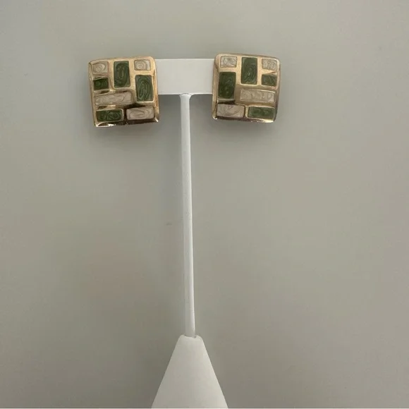 Vintage Italian Cloissoné Mosaic Square Clip-on Earrings in Gold, Green, Ivory